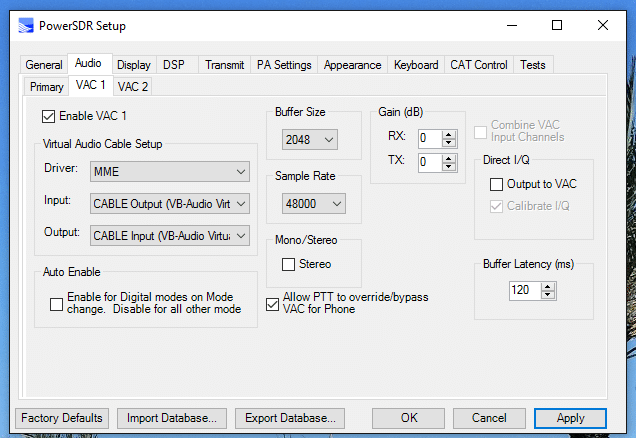 Configuración VAC en el Powersdr